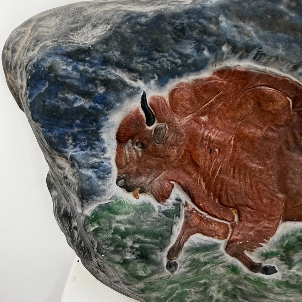 VTG Painted Buffalo Bison Relief Wall Plaque 9x5 Hand Painted Plaster Art Decor